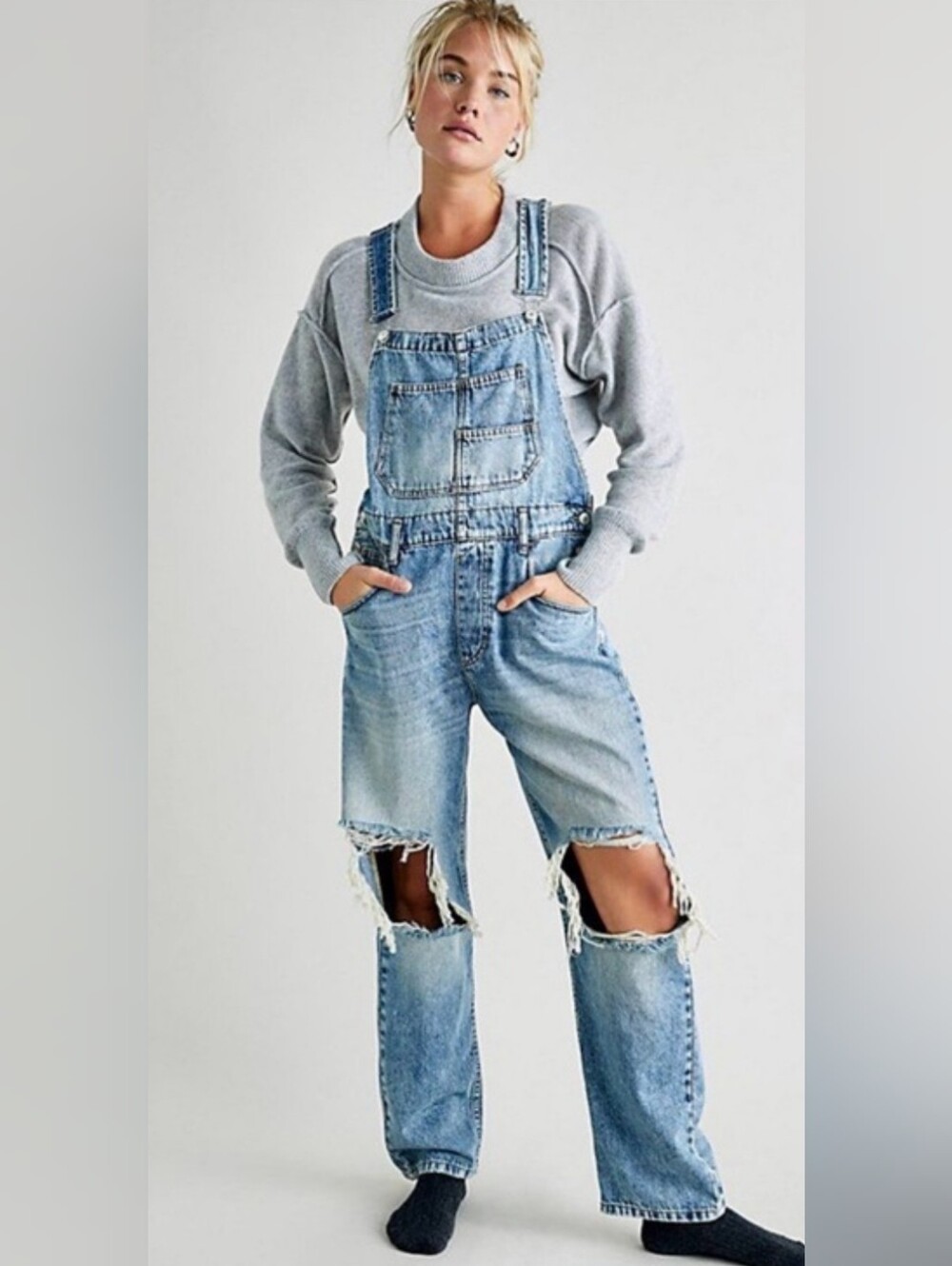We The Free Light Blue Distressed Denim Overalls